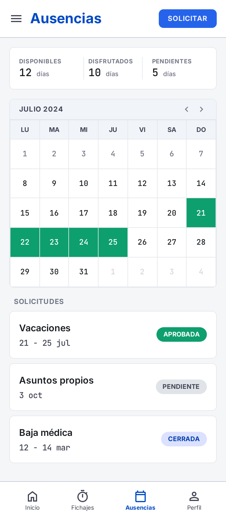 Pantalla "Ausencias" de la app empleaIA
