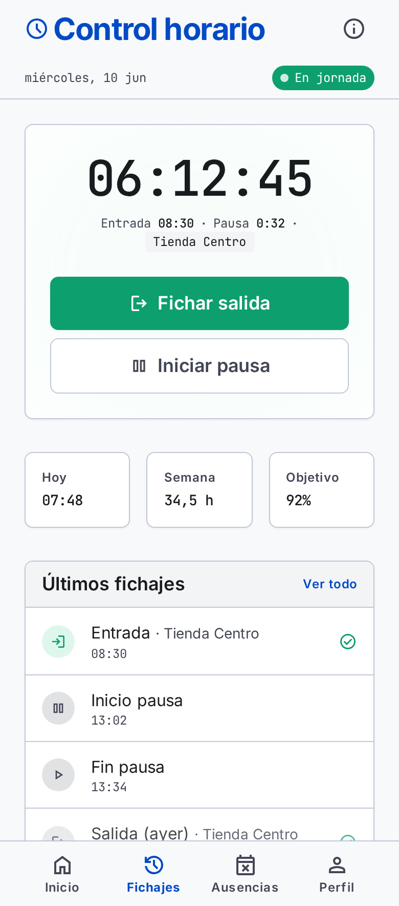 Pantalla "Control horario" de la app empleaIA